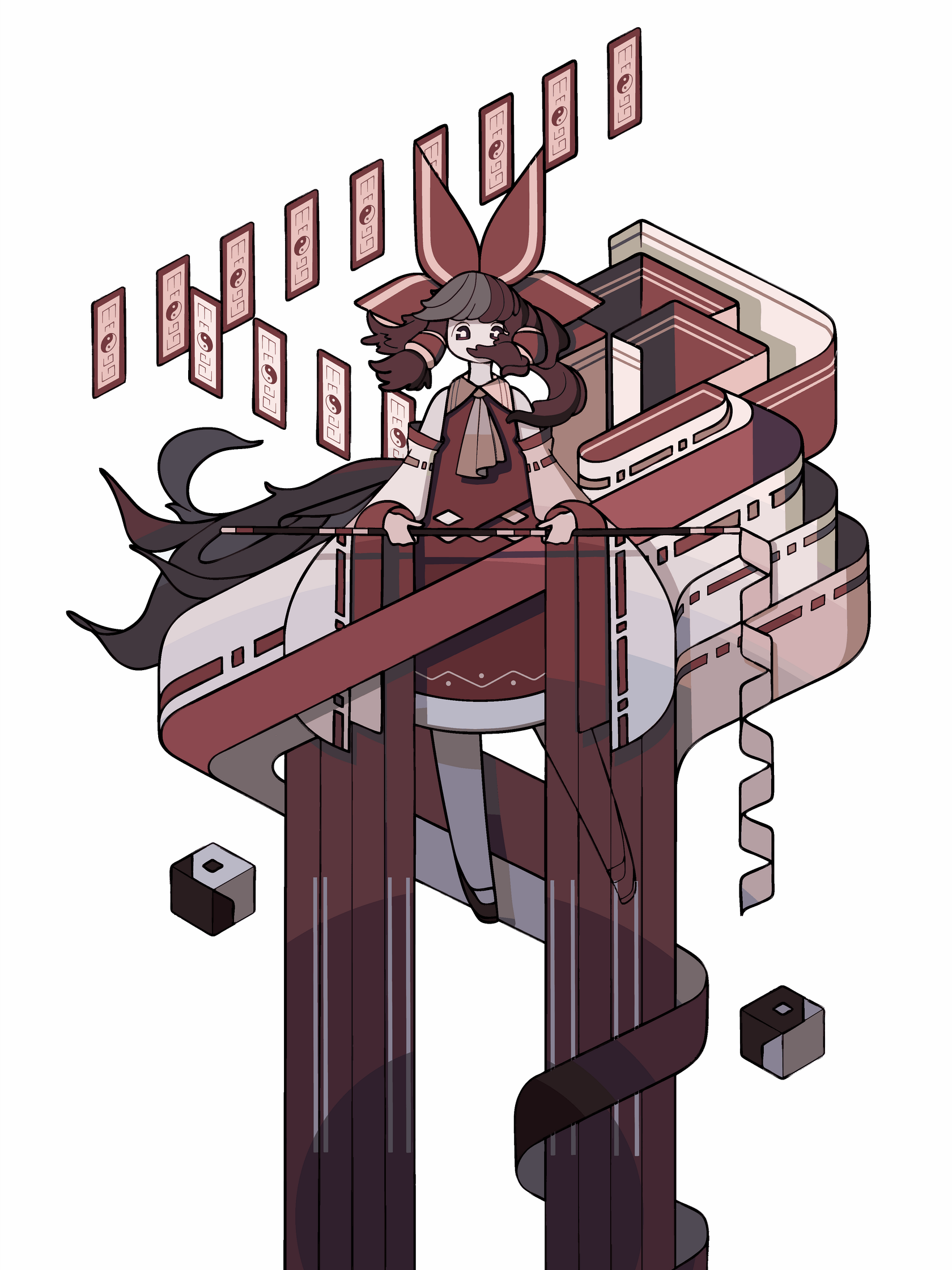 harano kaguyama, hakurei reimu, touhou, highres, 1girl, adapted costume, black shoes, bow, detached sleeves, dress, floating hair, full body, gohei, hair bow, holding, holding gohei, long hair, long sleeves, looking at viewer, ofuda, orb, red bow, red dress, shoes, simple background, solo, very long hair, wide sleeves, yin yang, yin yang orb