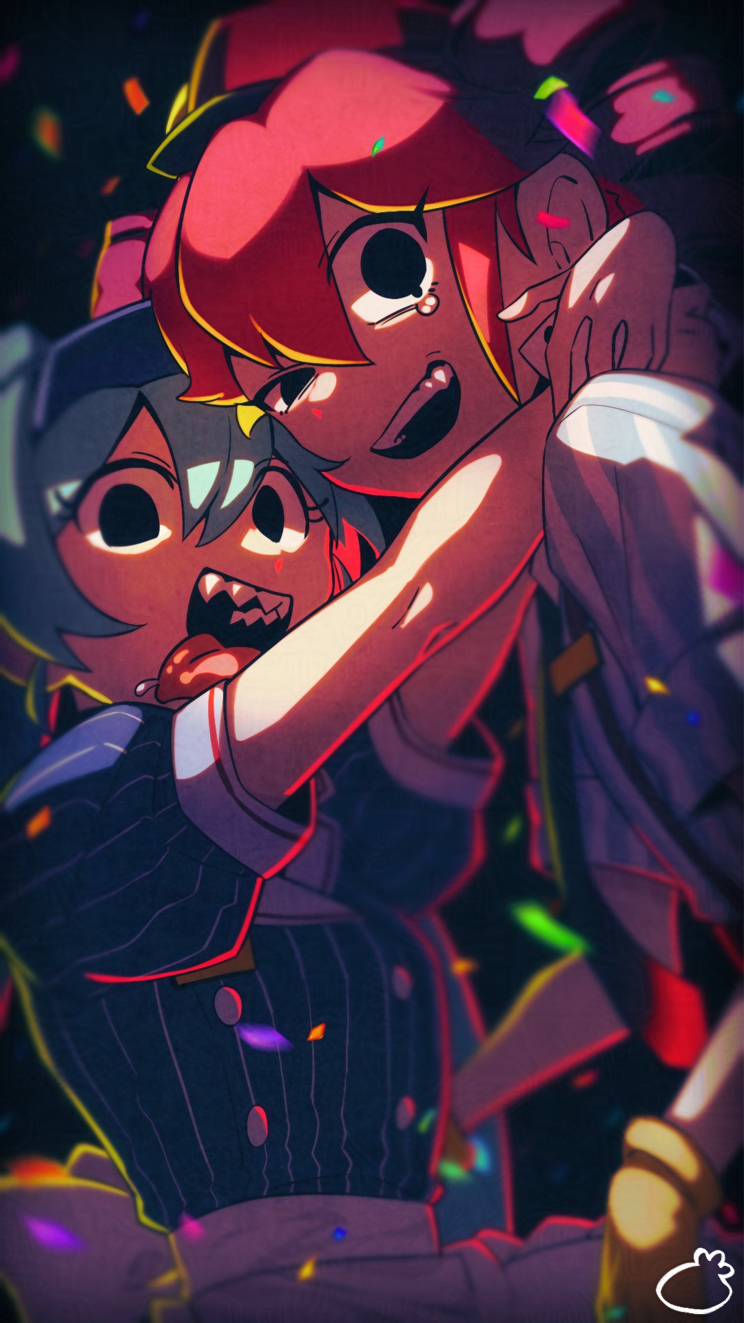 imozonokan, hatsune miku, kasane teto, mesmerizer (vocaloid), utau, vocaloid, commentary, highres, 2girls, arms around neck, blurry, confetti, crazy eyes, crazy smile, dress, drill hair, film grain, half-closed eye, hat, multiple girls, pinstripe dress, pinstripe pattern, sharp teeth, signature, smile, suspenders, tears, teeth, tongue, tongue out, twintails, visor cap