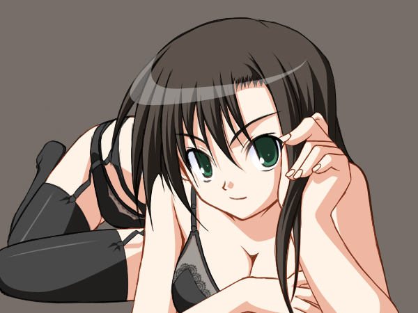 ranke (purple software), sagawa eriko, akiiro renka, 1girl, black bra, black panties, bra, female focus, garter belt, green eyes, lingerie, lying, on side, panties, simple background, smile, solo, thighhighs, underwear, underwear only