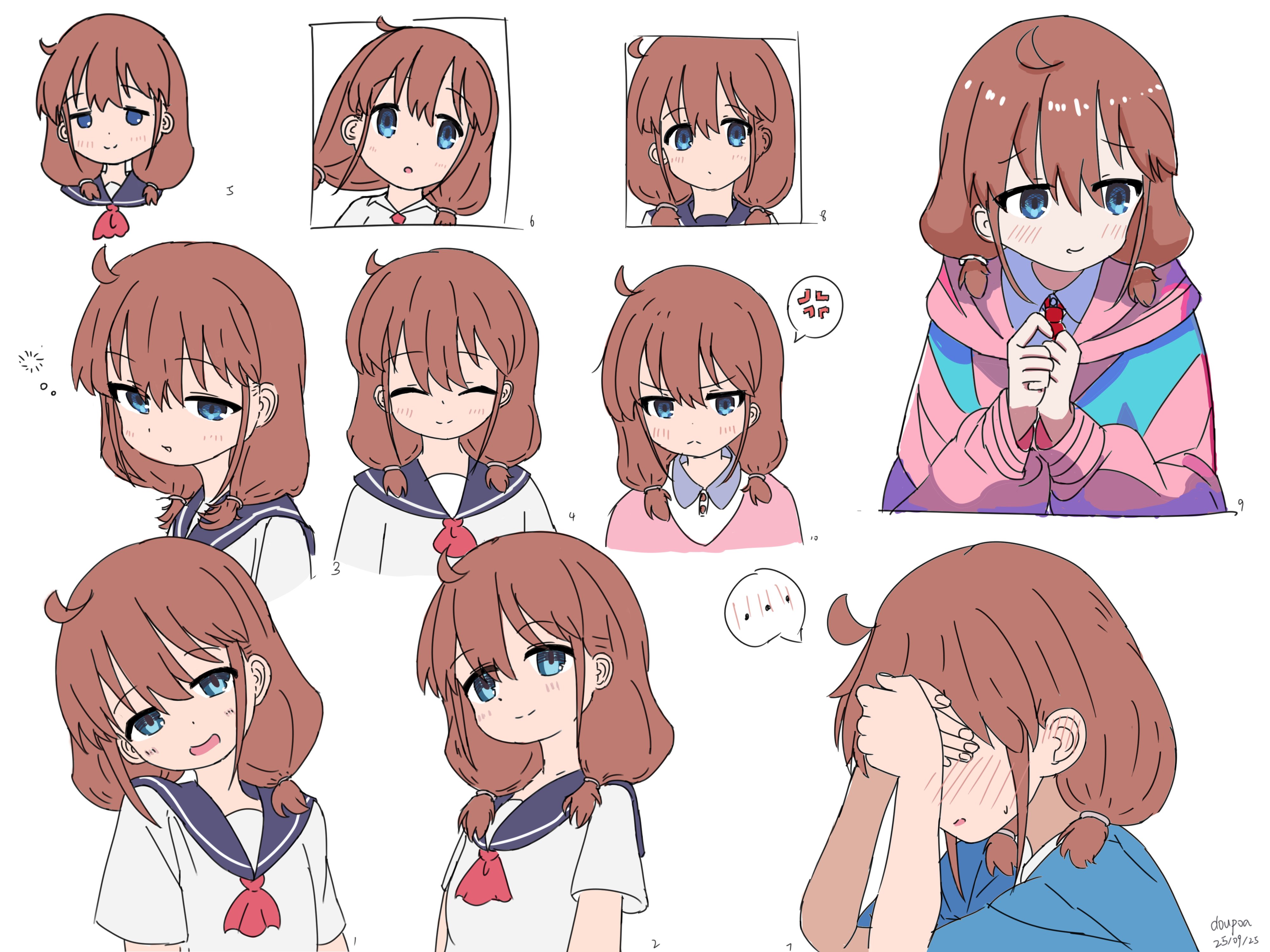izumi riko (city), city (arawi keiichi), absurdres, highres, …, 1girl, anger vein, blue eyes, blue sailor collar, blue shirt, blush, brown hair, bubble, closed eyes, closed mouth, covering own eyes, cropped torso, doupuoa, from side, full-face blush, hood, hood down, hoodie, medium hair, mob face, multiple views, neckerchief, open mouth, own hands together, pink hoodie, red neckerchief, sailor collar, school uniform, serafuku, shirt, short sleeves, signature, simple background, smile, spoken anger vein, spoken ellipsis, white background, white serafuku