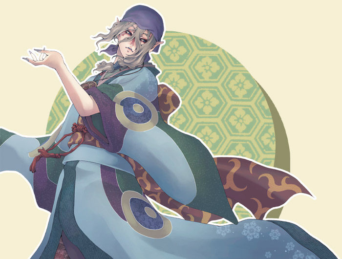 watase, kusuriuri (mononoke), mononoke, looking away, 00s, 1boy, bandana, blonde hair, blue eyes, bow, durag, eyeshadow, facepaint, facial mark, fingernails, hair between eyes, hair tie, japanese clothes, jewelry, kimono, long hair, makeup, male focus, medallion, nail polish, necklace, obi, pointy ears, sash, solo, sun symbol