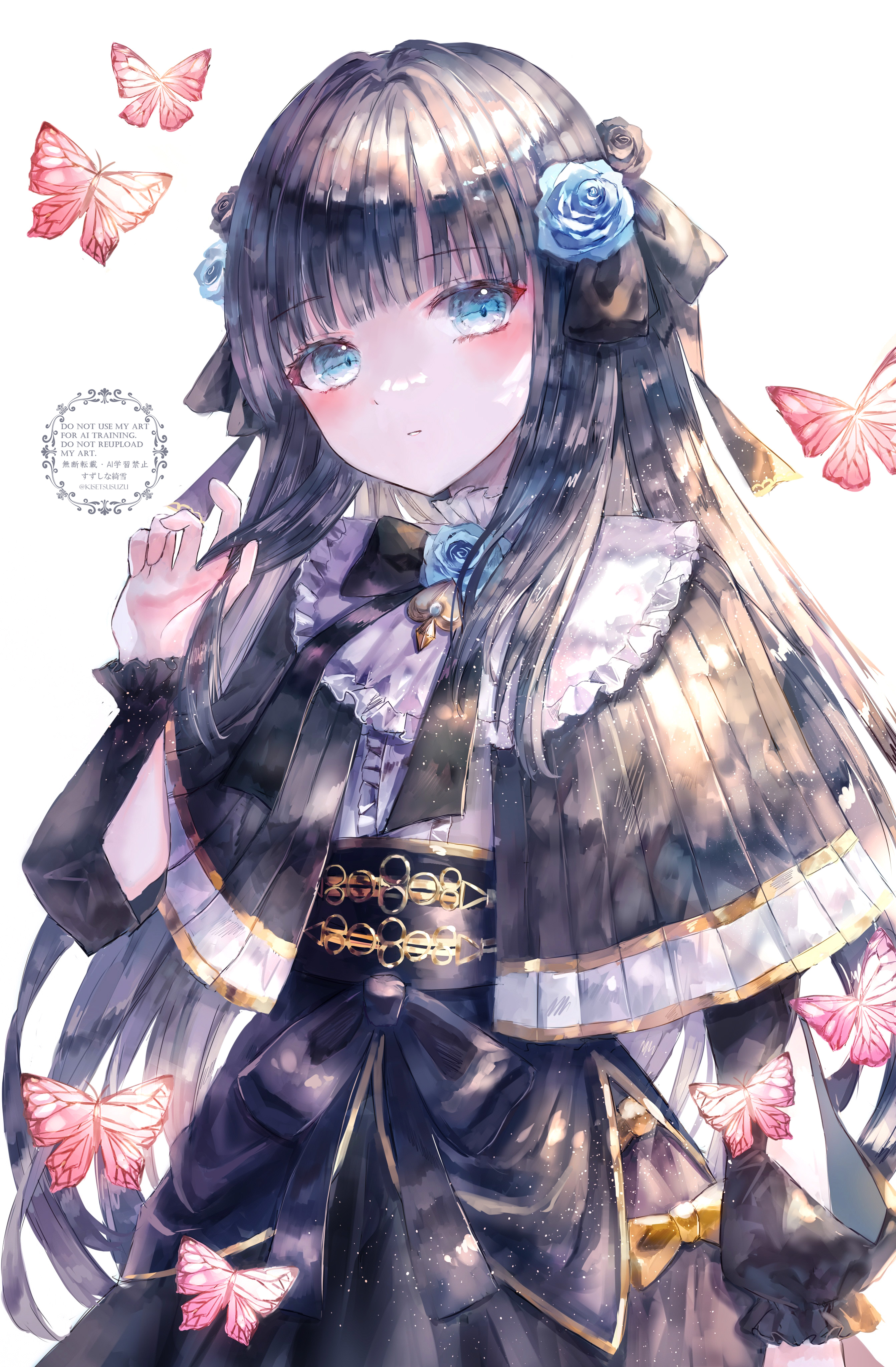 suzushina, tairitsu (arcaea), tairitsu (grievous lady) (arcaea), arcaea, absurdres, commentary request, highres, 1girl, arm at side, arm cutout, black bow, black bowtie, black capelet, black hair, black ribbon, black skirt, blue eyes, blue flower, blue rose, blush, bow, bowtie, bug, butterfly, capelet, center frills, closed mouth, clothing cutout, cowboy shot, eyeliner, flower, frills, hair flower, hair ornament, hair ribbon, hand up, high-waist skirt, insect, long hair, long sleeves, looking at viewer, makeup, pink butterfly, playing with own hair, pleated capelet, red eyeliner, ribbon, rose, shirt, simple background, skirt, solo, very long hair, watermark, white background, white shirt