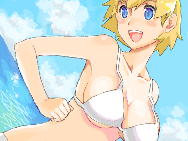 mattaku mousuke, original, 1girl, bikini, blonde hair, blue eyes, breasts, day, female focus, large breasts, ocean, open mouth, short hair, solo, swimsuit, white bikini