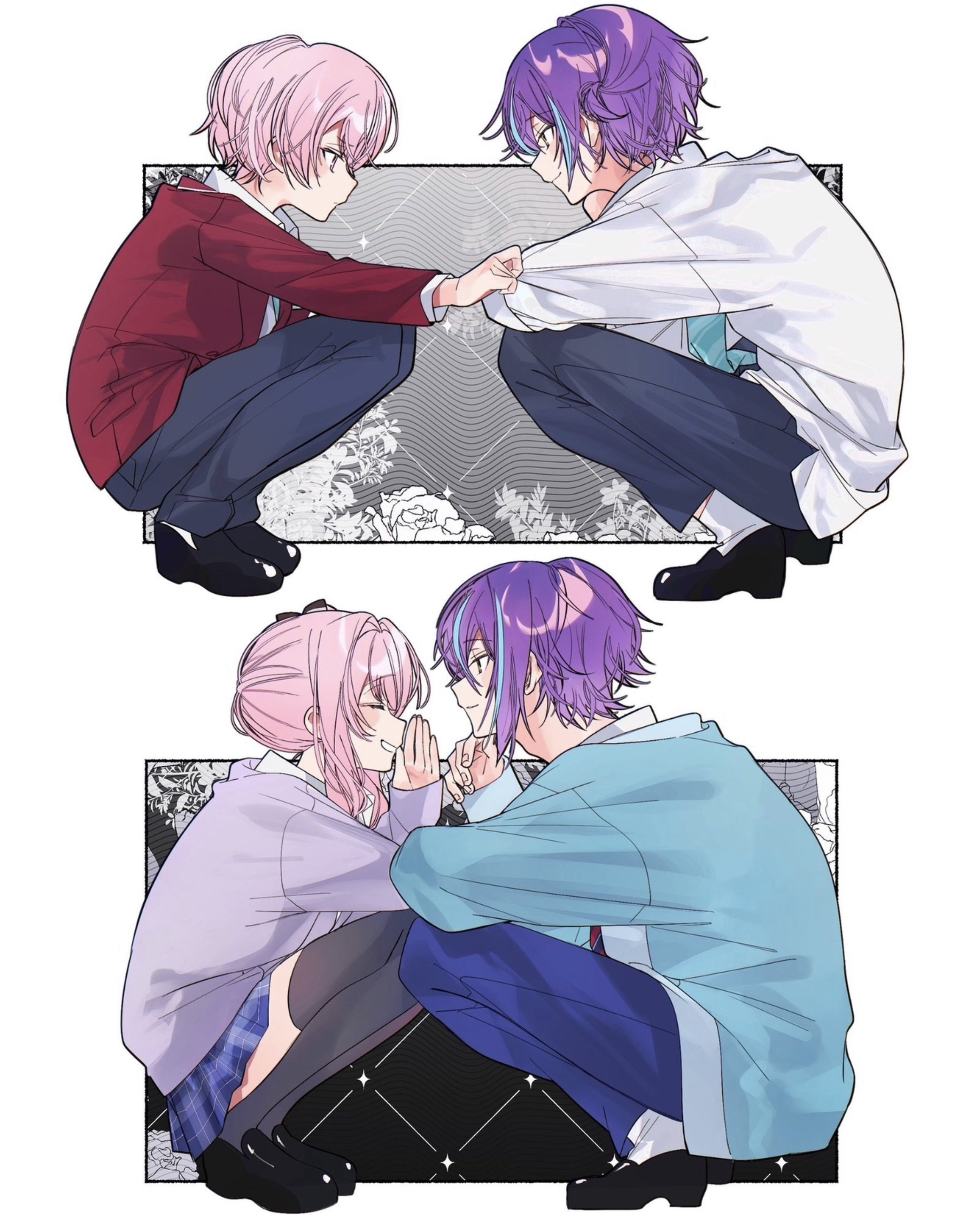 dh vxt, akiyama mizuki, kamishiro rui, project sekai, absurdres, commentary, highres, symbol-only commentary, 1boy, 1other, blue hair, blue sweater, closed eyes, face-to-face, hair ribbon, multicolored hair, necktie, pink hair, purple hair, red shirt, ribbon, shirt, skirt, squatting, sweater, thighhighs