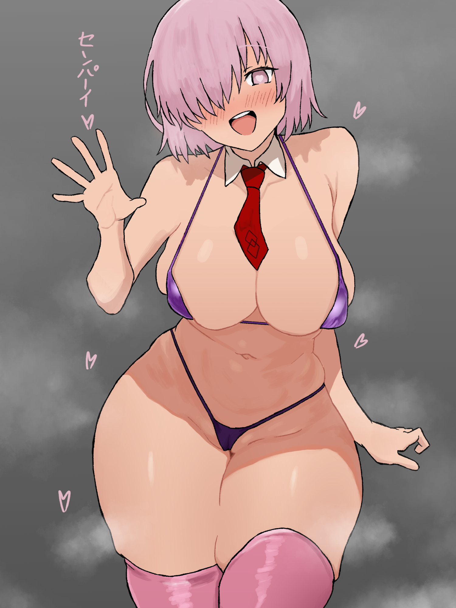 peace peace009, mash kyrielight, fate/grand order, fate (series), highres, 1girl, bikini, blush, breasts, hair over one eye, hand up, heart, heart-shaped pupils, large breasts, looking at viewer, micro bikini, navel, necktie, one eye covered, open mouth, pink thighhighs, purple bikini, purple eyes, purple hair, red necktie, short hair, smile, solo, string bikini, swimsuit, symbol-shaped pupils, thighhighs
