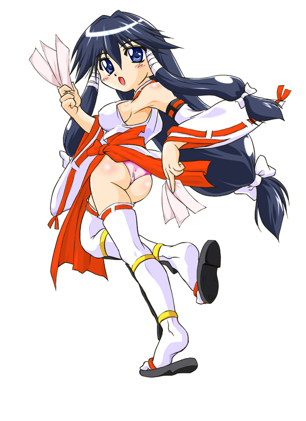 ichiyasu, machi (nagasarete airantou), nagasarete airantou, 00s, 1girl, adapted uniform, ass, blue eyes, blue hair, bow, breasts, covered erect nipples, female focus, hakama, hakama skirt, japanese clothes, large breasts, long hair, looking back, matching hair/eyes, miko, panties, ponytail, red hakama, sandals, sideboob, skirt, solo, thighhighs, underwear