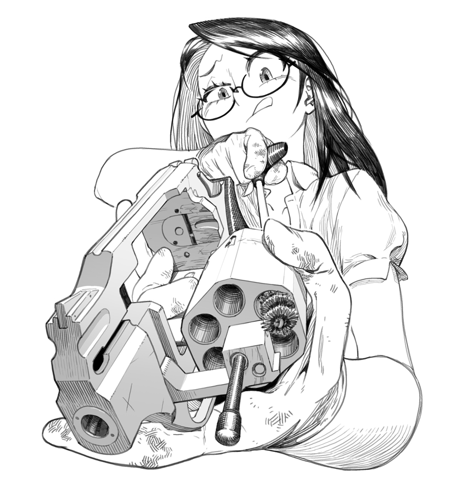 electric niw, original, commentary, english commentary, 1girl, chiappa rhino, cleaning rod, cropped torso, glasses, gloves, greyscale, gun, handgun, holding, holding gun, holding weapon, long hair, monochrome, revolver, simple background, solo, tongue, tongue out, weapon