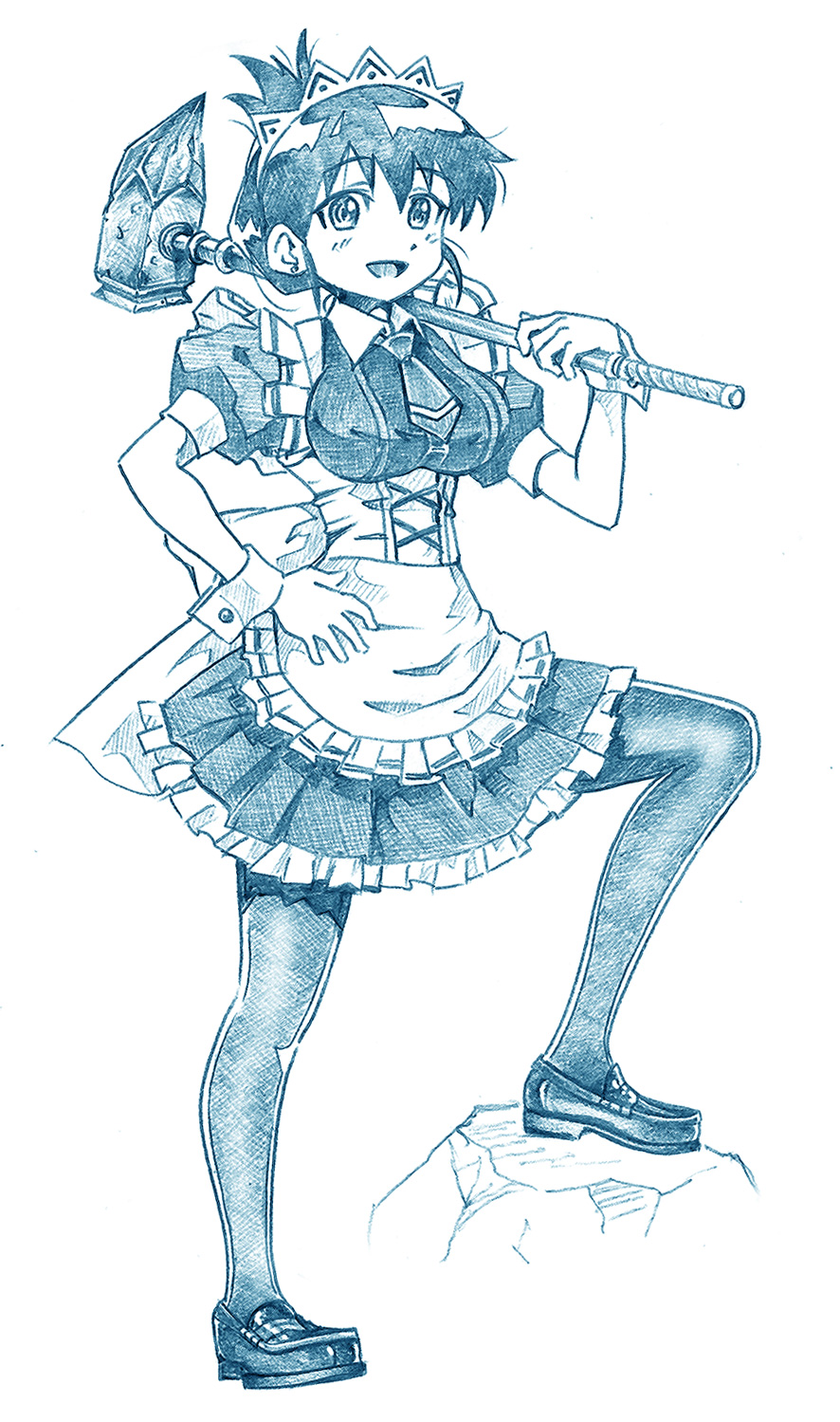 bbb (friskuser), arato nagi, ruri no houseki, highres, 1girl, alternate costume, apron, back bow, blue theme, bow, collared dress, dress, earrings, enmaided, folded ponytail, foot up, frilled apron, frilled dress, frills, full body, hammer, hand on own hip, holding, holding hammer, holding weapon, jewelry, large bow, loafers, looking at viewer, maid, maid headdress, monochrome, necktie, open mouth, over shoulder, pantyhose, puffy short sleeves, puffy sleeves, shoes, short dress, short hair, short sleeves, smile, solo, standing, stud earrings, war hammer, weapon, wing collar, wrist cuffs