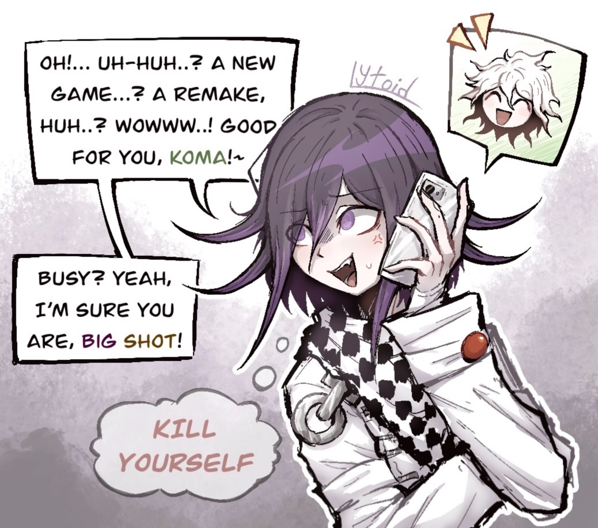 envy, lytoid, komaeda nagito, oma kokichi, danganronpa (series), danganronpa 2: goodbye despair, danganronpa 2×2, danganronpa v3: killing harmony, commentary, english commentary, highres, 2boys, anger vein, angry, arm across waist, arm belt, artist name, black hair, blush, buttons, checkered clothes, checkered scarf, english text, flipped hair, grey background, hair between eyes, light blush, long sleeves, looking to the side, male focus, medium hair, messy hair, multiple boys, open mouth, outline, purple eyes, purple hair, scarf, short hair, smile, solo focus, speech bubble, spoken character, talking, talking on phone, thought bubble, upper body, white outline