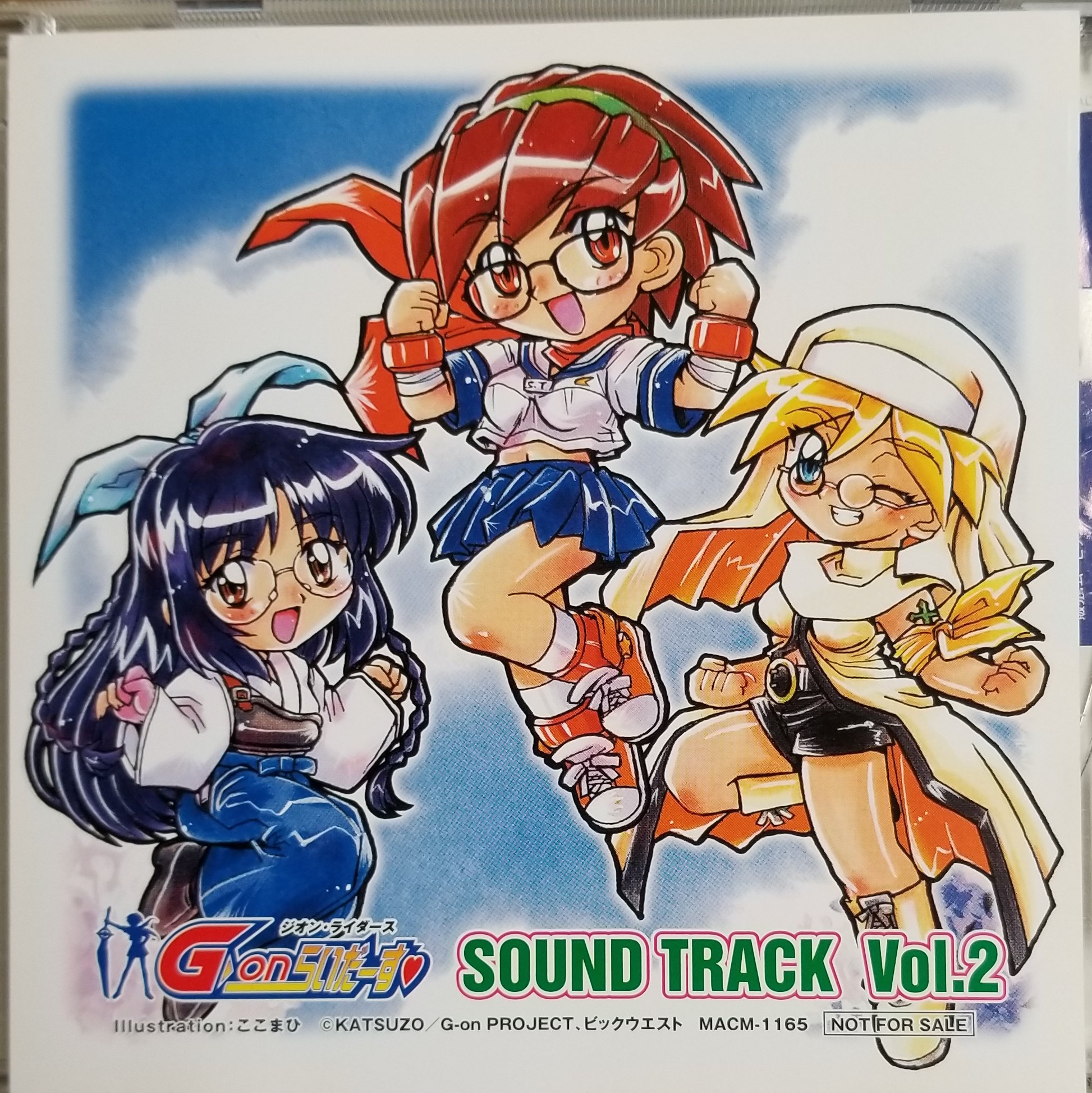 kokomahi, arashiyama sara, hoshikawa yayoi, kurama yuki, g-on riders, commentary, highres, official art, traditional media, 3girls, artist name, bandaged arm, bandages, bandana, bandana around arm, black shoes, black shorts, blonde hair, blue bow, blue eyes, blue hair, blue hakama, blue sailor collar, blue skirt, bow, bracelet, braid, brown eyes, chibi, chibi only, clenched hands, cloud, coat, copyright name, copyright notice, cross tattoo, glasses, gloves, green hairband, grin, hair bow, hairband, hakama, hakama pants, hands up, japanese clothes, jewelry, kimono, long hair, midriff, mini eyewear, multiple girls, muneate, not for sale, nun, one eye closed, open mouth, pants, partially fingerless gloves, partly fingerless gloves, pink gloves, pleated skirt, red eyes, red hair, red scarf, round eyewear, sailor collar, scarf, school uniform, serafuku, shirt, shoes, short hair, short shorts, shorts, shoulder tattoo, skirt, smile, tattoo, veil, white kimono, white shirt, yellow bandana, yellow coat, yellow veil, yugake