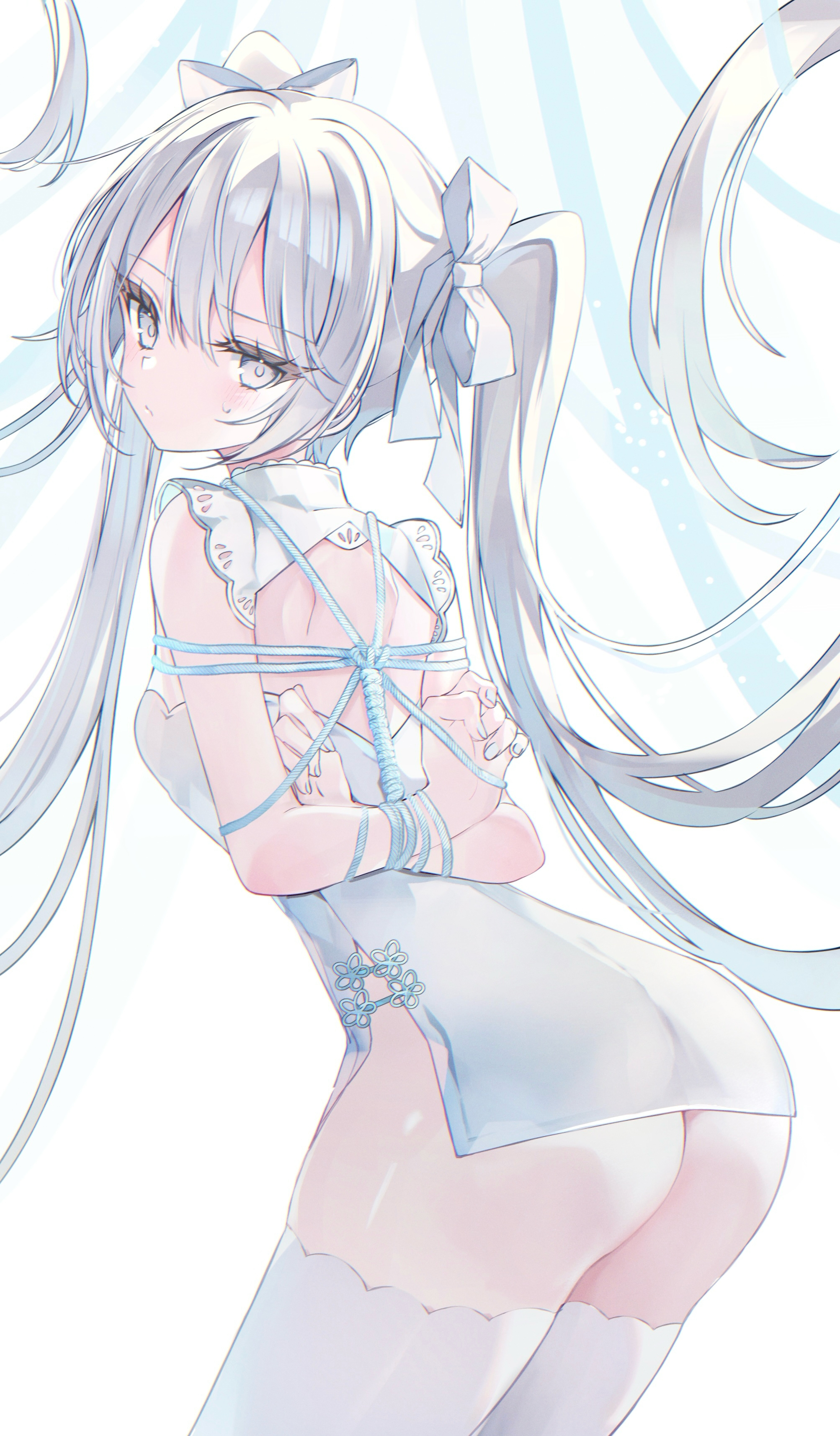 hamonika monika, original, absurdres, commentary request, highres, 1girl, :/, ass, bdsm, bondage, bound, china dress, chinese clothes, closed mouth, cowboy shot, double-parted bangs, dress, hair between eyes, hair ribbon, long hair, looking at viewer, microdress, ribbon, shibari, small sweatdrop, solo, thighhighs, twintails, very long hair, white dress, white eyes, white hair, white ribbon, white thighhighs