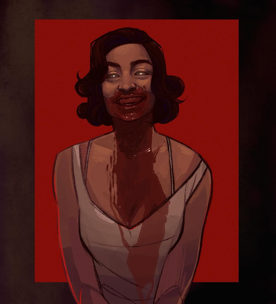 1girl, black hair, blood, blood from mouth, blood on clothes, blood on face, dress, evil grin, evil smile, glowing, glowing eyes, grin, looking at viewer, mary (sinners), sinners, smile, solo, tubesock86, vampire, white dress