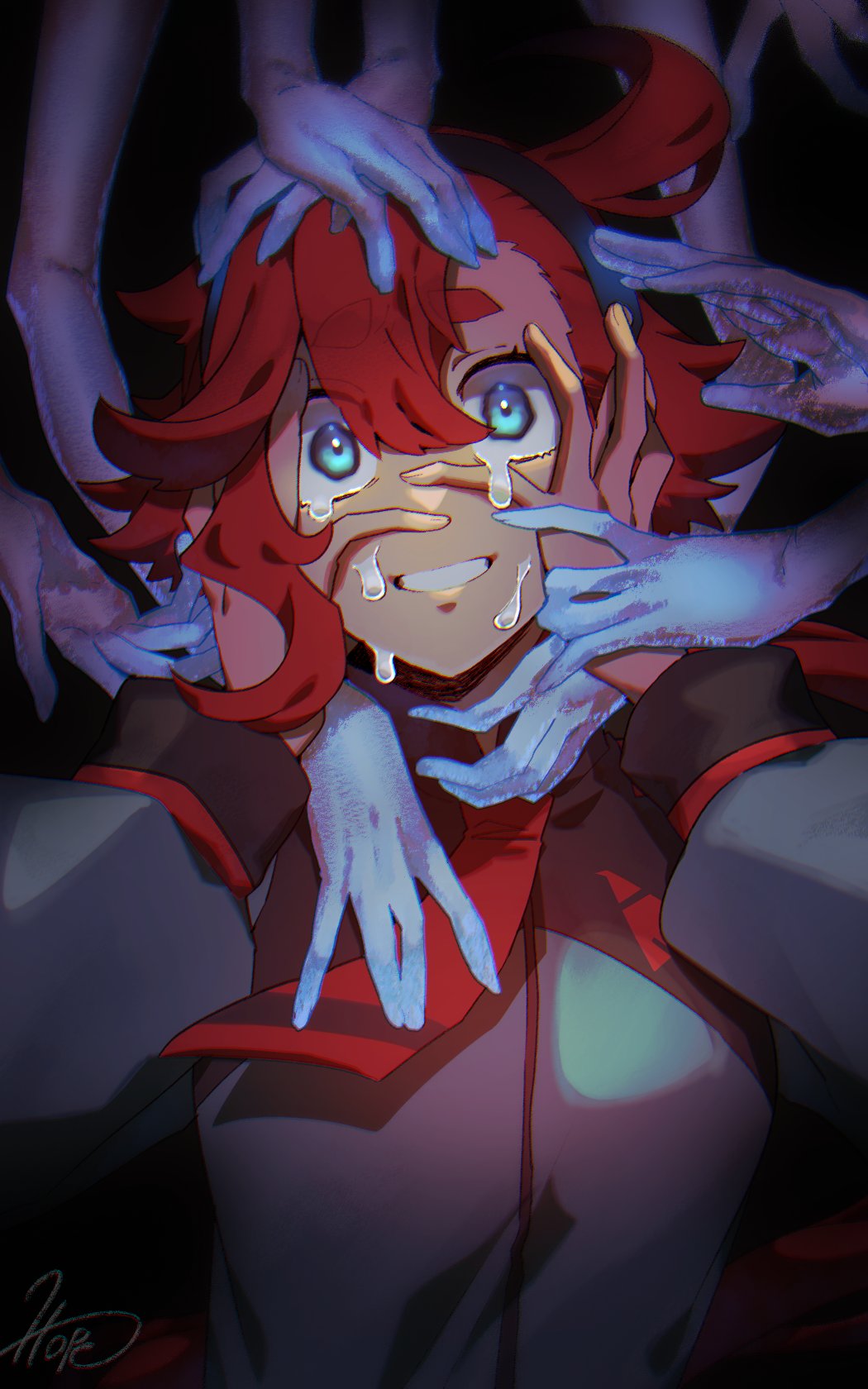 imozonokan, suletta mercury, gundam, gundam suisei no majo, commentary, english commentary, highres, 1girl, asticassia school uniform, black hairband, blue eyes, crying, disembodied hand, false smile, grin, hairband, hands on own cheeks, hands on own face, red hair, school uniform, signature, smile, solo, tears, thick eyebrows, upper body, wavy eyes