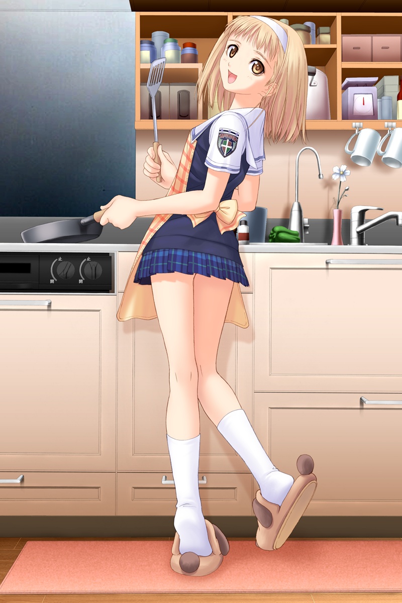 tony taka, takawashi nagisa, after (game), after sweet kiss, game cg, highres, long image, tall image, 00s, 1girl, :d, apron, bell pepper, blonde hair, bottle, bow, brown eyes, cooking, cup, cupboard, faucet, feet, female focus, flower, from behind, frying pan, full body, hairband, holding, indoors, kitchen, kneehighs, kneepits, legs, long legs, looking at viewer, looking back, miniskirt, mug, open mouth, plaid apron, plaid clothes, plaid skirt, pleated skirt, scale, school uniform, serafuku, shadow, shirt, short sleeves, skirt, slippers, smile, socks, solo, spatula, standing, thighs, white socks