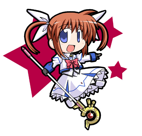 neko tofu, nekotoufu, raising heart, raising heart (accel mode), takamachi nanoha, takamachi nanoha (sacred mode), lyrical nanoha, mahou shoujo lyrical nanoha, bad id, bad pixiv id, 00s, 1girl, blue eyes, brown hair, chibi, dress, female focus, hair ribbon, purple eyes, ribbon, smile, solo, twintails
