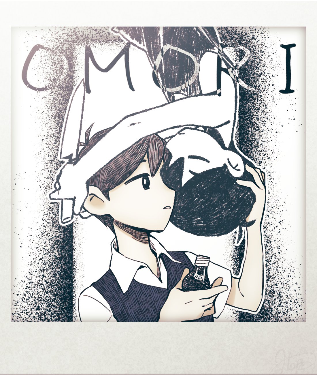 imozonokan, omori (omori), sunny (omori), omori, commentary, hashtag-only commentary, highres, 2boys, copyright name, dual persona, holding, holding knife, holding light bulb, knife, light bulb, male focus, multiple boys, partially colored, polo shirt, reverse trap, rotational symmetry, sweater vest, tank top