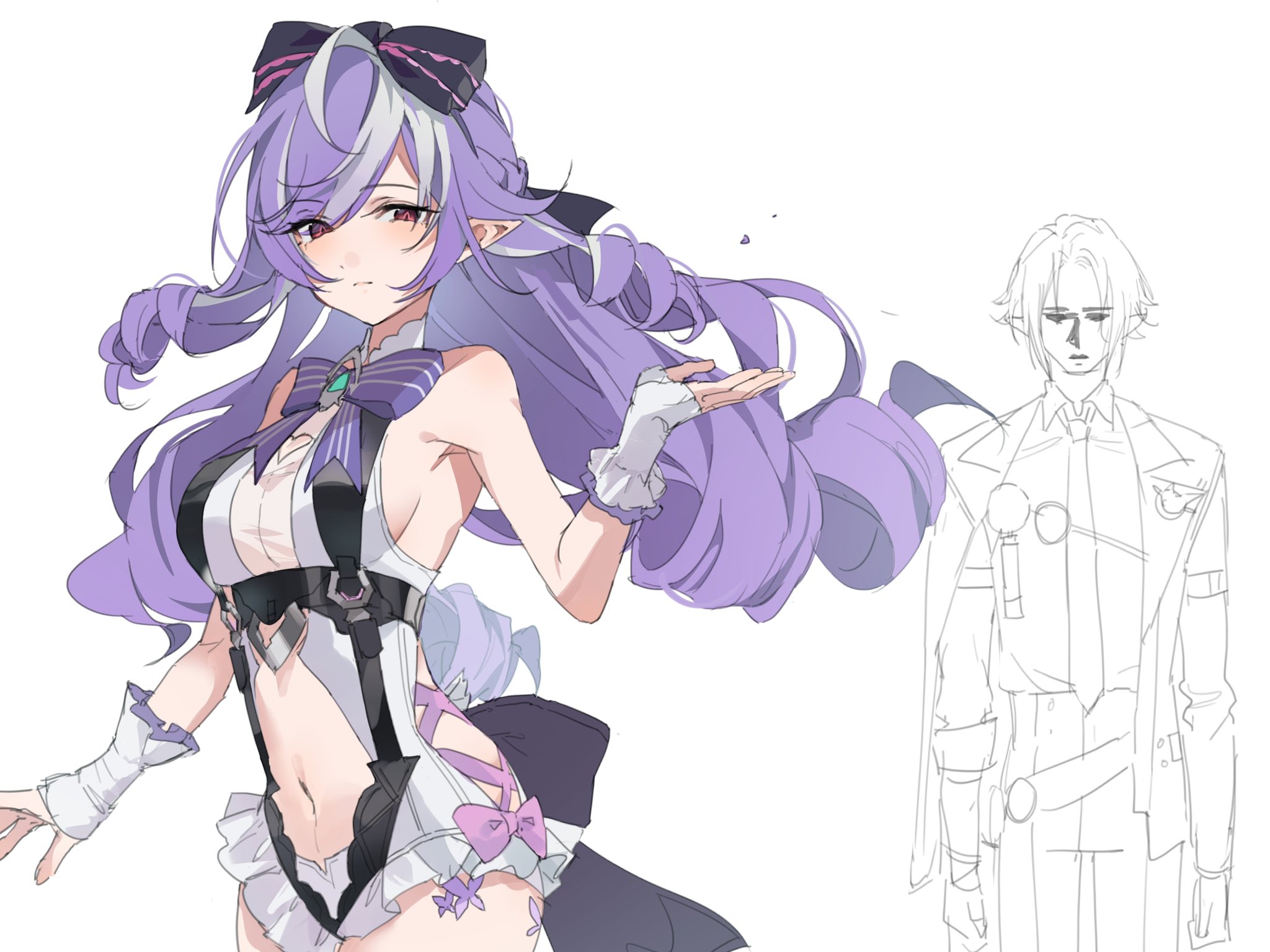hssfaxee, hugo vlad, vivian banshee, vivian banshee (iris of the shore), zenless zone zero, highres, 1boy, 1girl, arm out of sleeve, black bow, bow, breasts, collared shirt, drill hair, frilled one-piece swimsuit, frills, hair bow, long hair, medium breasts, multicolored hair, navel, necktie, official alternate costume, one-piece swimsuit, pants, pointy ears, purple bow, purple hair, red eyes, shirt, simple background, swimsuit, very long hair, white background