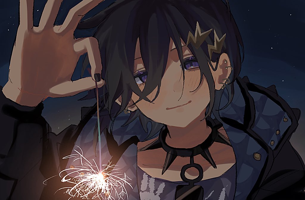 kiritachi (pixiv 113812466), kanade izuru, kanade izuru (1st costume), holostars, hashtag-only commentary, 1boy, black hair, black nails, blush, collar, colored eyelashes, earrings, fireworks, hair between eyes, hair ornament, hairclip, handprint, holding, holding fireworks, jacket, jewelry, lightning bolt, lightning bolt hair ornament, lightning bolt symbol, long sleeves, looking at viewer, male focus, nail polish, night, night sky, padded jacket, portrait, purple eyes, shirt, short hair, sky, smile, sparkler, spiked collar, spikes, two-sided fabric, two-sided jacket, virtual youtuber