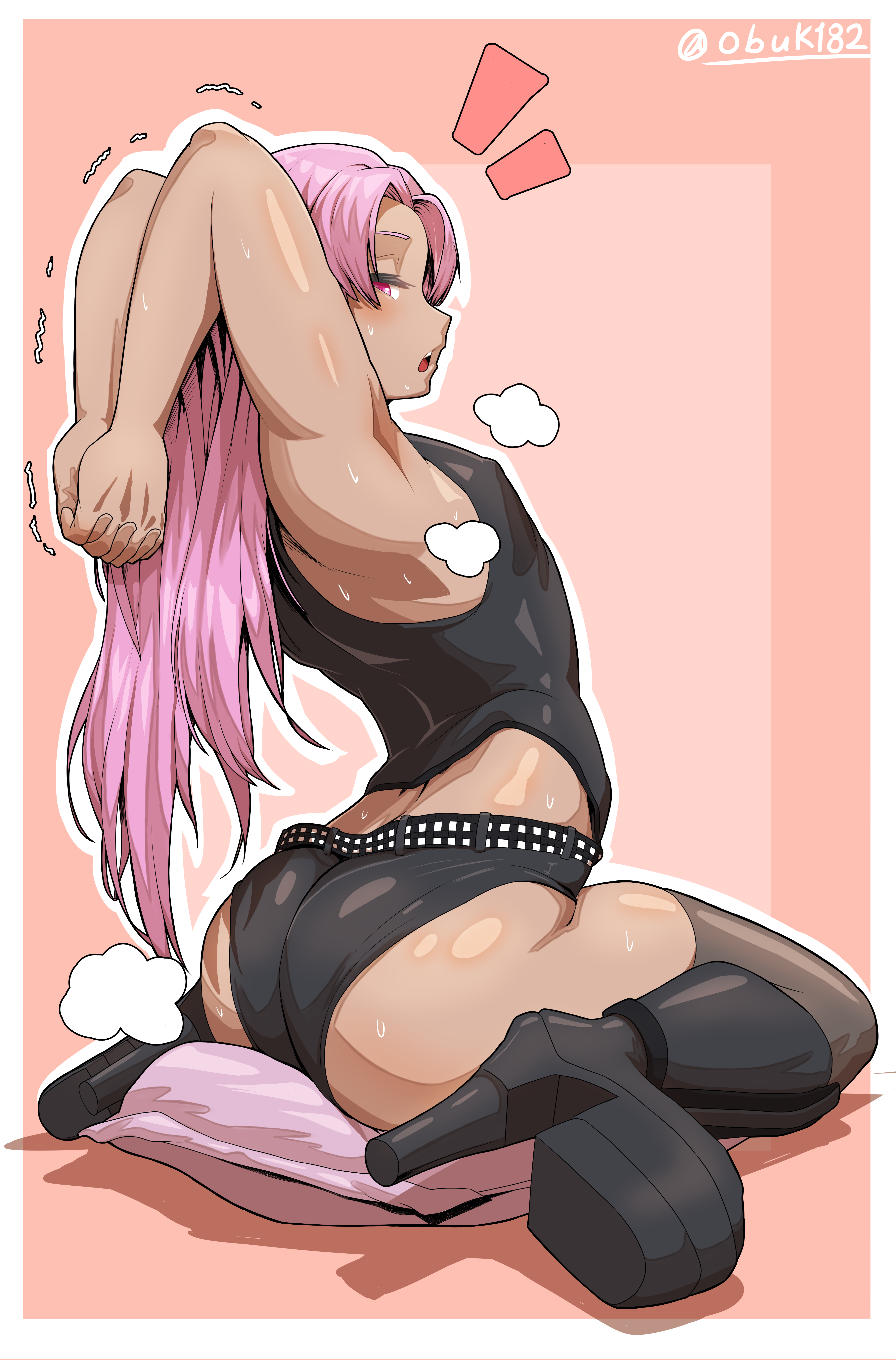 obuk182, original, absurdres, commission, highres, 1boy, armpits, arms behind head, artist name, ass, back, belt, black tank top, boots, breath, high heel boots, high heels, long hair, male focus, pillow, pink eyes, pink hair, shaking, short shorts, shorts, simple background, sitting, solo, sweat, tan, tank top, trap, wariza