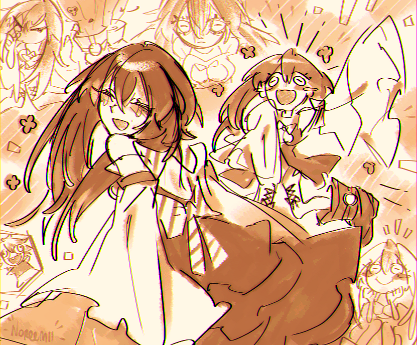 noree, amo empool, gachiakuta, 1girl, bare shoulders, blush stickers, boots, brown theme, detached sleeves, dress, horizontal pupils, long sleeves, multiple views, open clothes, open dress, open mouth, sketch, smile