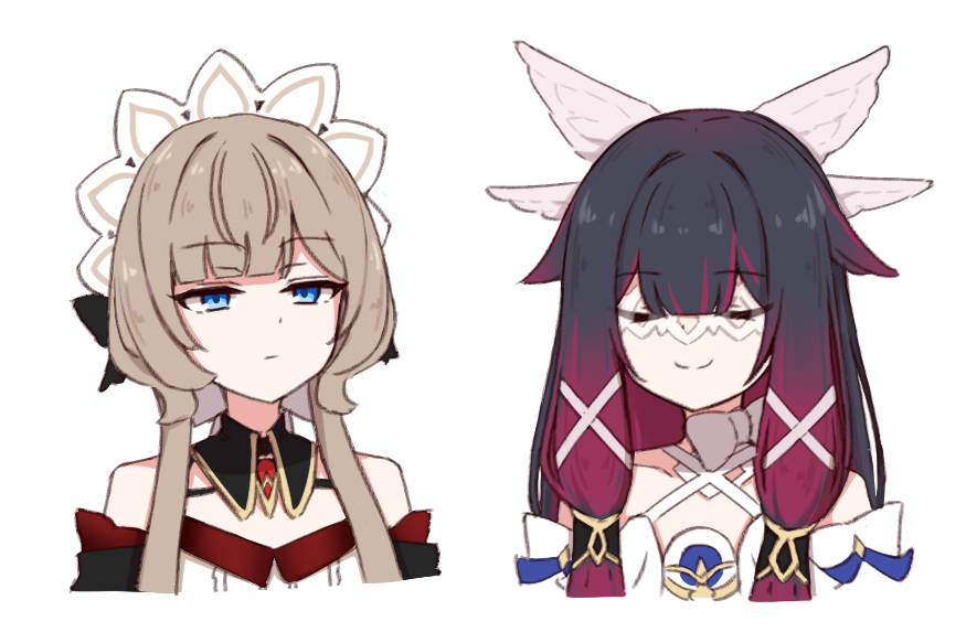 chirun0, columbina (genshin impact), sandrone (genshin impact), genshin impact, 2girls, bare shoulders, black collar, black hair, blue eyes, bow, brown hair, closed eyes, closed mouth, collar, detached collar, dress, eye mask, hair ribbon, head wings, headdress, long hair, multicolored hair, multiple girls, pink hair, ribbon, short hair with long locks, simple background, smile, two-tone hair, white background, white bow, white dress, white headdress, white ribbon, white wings, wings