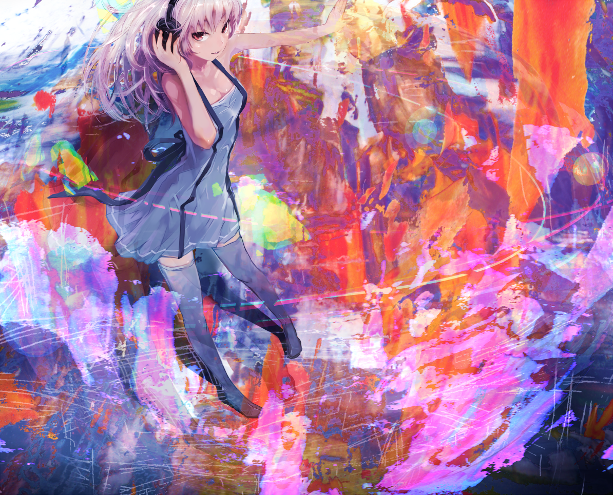 nimirom, original, commentary request, 1girl, abstract, bare arms, bare shoulders, black ribbon, blue dress, blue thighhighs, breasts, cleavage, colorful background, contrapposto, dress, floating clothes, floating hair, from above, full body, hand on headphones, hand up, headphones, long hair, looking at viewer, looking to the side, looking up, medium breasts, no shoes, open mouth, outstretched arm, pink hair, red eyes, ribbon, short dress, sideways glance, sleeveless, sleeveless dress, smile, solo, standing, thighhighs, zettai ryouiki