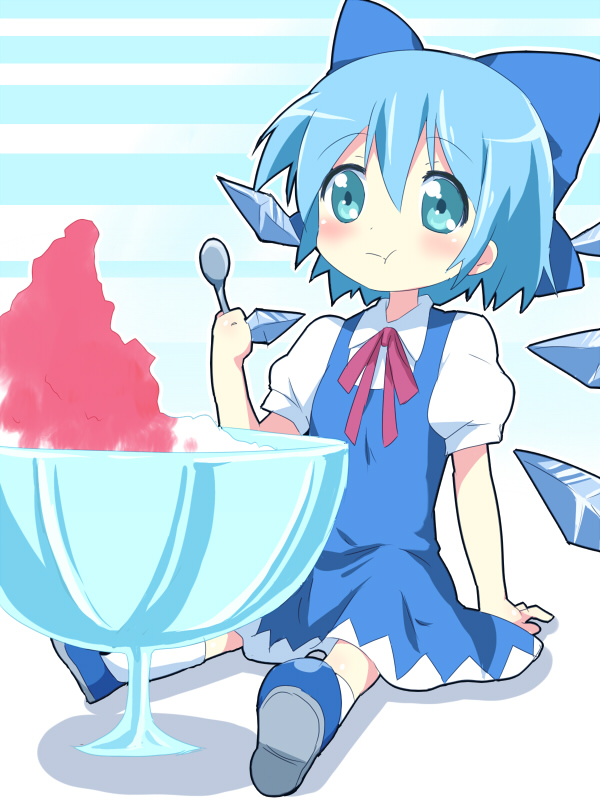 maruki (punchiki), cirno, embodiment of scarlet devil, touhou, bad id, bad pixiv id, 1girl, arm support, blue eyes, blue hair, blush, bow, eating, female focus, food, full body, hair bow, matching hair/eyes, shaved ice, sitting, solo, wings