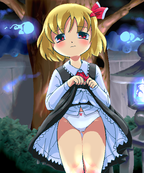 rumia, embodiment of scarlet devil, touhou, 1girl, blonde hair, clothes lift, female focus, loli, oekaki, panties, red eyes, skirt, skirt lift, solo, underwear