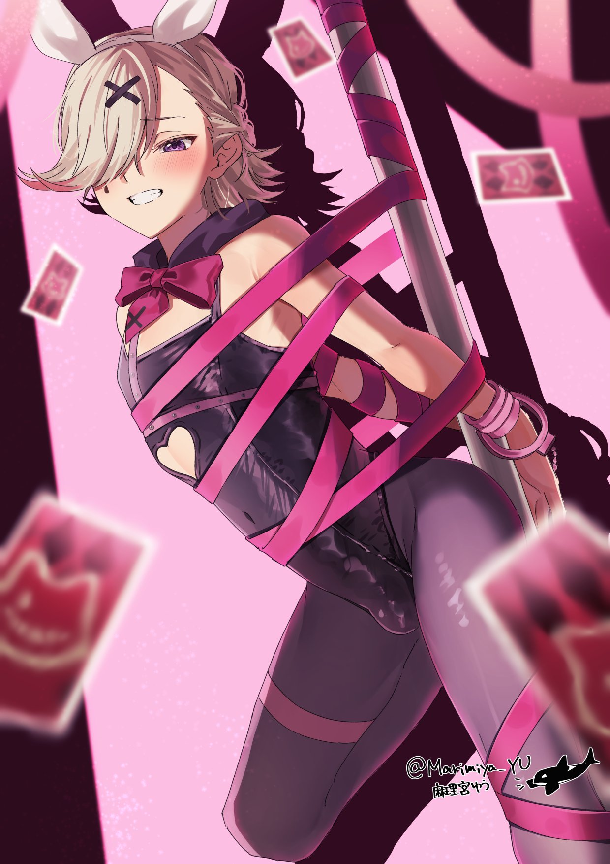 kousuke (ko suke), lyney (genshin impact), genshin impact, highres, 1boy, animal ears, artist name, bdsm, bondage, bound, bow, bowtie, bulge, card, cleavage cutout, clenched teeth, clothing cutout, cuffs, fake animal ears, hair over one eye, handcuffs, leotard, male focus, male playboy bunny, nervous, pantyhose, rabbit ears, restrained, solo, teeth, trap