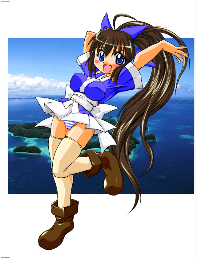 ichiyasu, suzu (nagasarete airantou), nagasarete airantou, 00s, 1girl, blue eyes, bow, breasts, brown hair, female focus, large breasts, long hair, panties, pantyshot, ponytail, skirt, solo, striped clothes, striped panties, thighhighs, underwear, very long hair