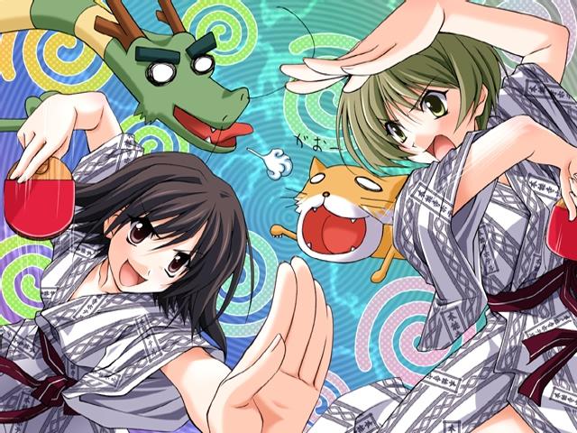 matsuo yukihiro, imasaka yue, otowa kaoru, memories off, game cg, non-web source, 2girls, black eyes, black hair, dragon, fighting stance, foreshortening, green eyes, green hair, japanese clothes, kimono, multiple girls, open mouth, paddle, pink eyes, racket, short hair, table tennis, table tennis paddle, tiger, yukata