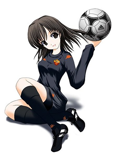 adidas, as roma, non-web source, 1girl, ball, black eyes, black hair, female focus, kappa (clothes), kneehighs, short hair, soccer, soccer ball, soccer uniform, socks, solo, sportswear, tango (soccer ball)