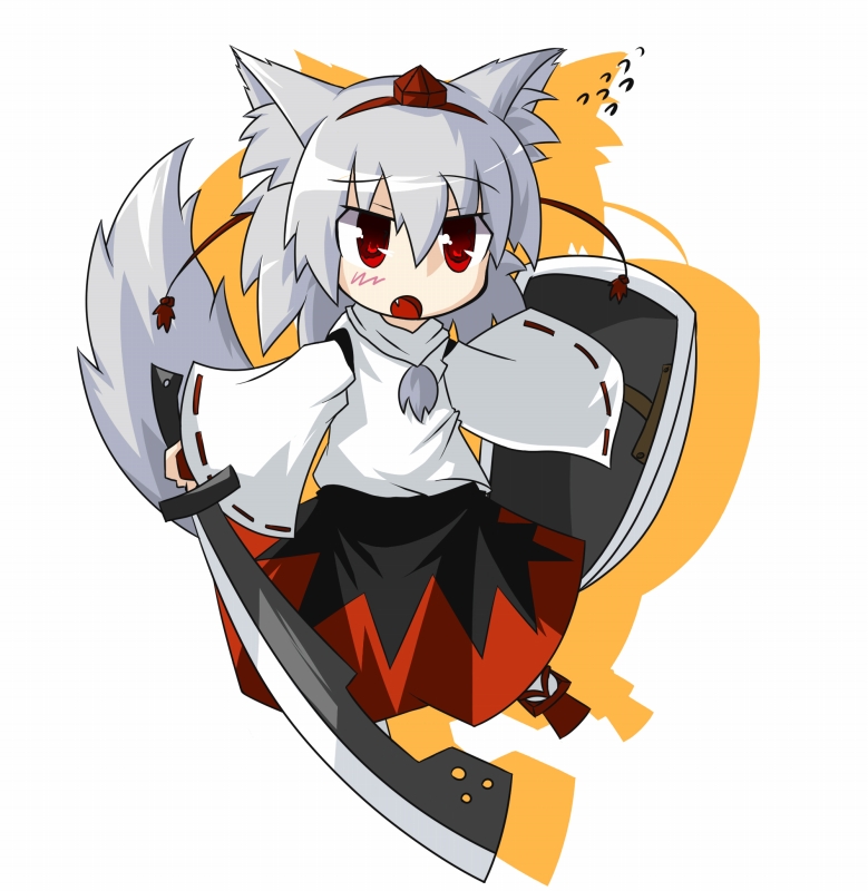 igarashi amura, inubashiri momiji, touhou, bad id, bad pixiv id, 1girl, animal ears, female focus, full body, geta, grey hair, hat, red eyes, shield, simple background, solo, sword, tail, tokin hat, weapon, wolf ears, wolf tail