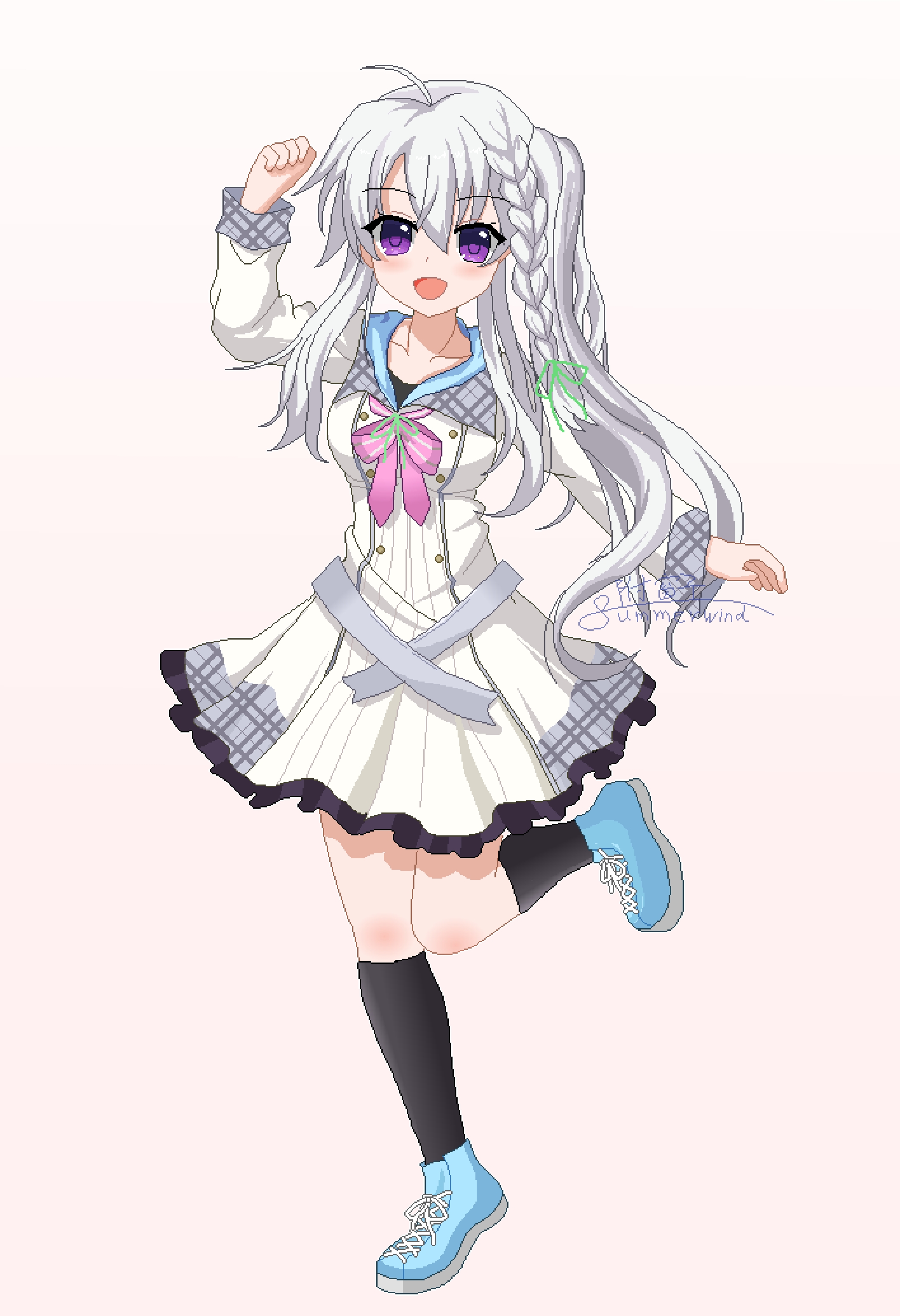 fuchuangzi summerwind, niimi sora, 9-nine-, absurdres, chinese commentary, commentary request, highres, 1girl, :d, ahoge, belt, black socks, blue shoes, blush, bow, bowtie, braid, buttons, cross-laced shoes, double-breasted, dress, eyes visible through hair, frilled dress, frills, full body, green ribbon, grey belt, grey hair, hair between eyes, hair ribbon, hakusen academy school uniform, hand up, happy, kneehighs, long hair, long sleeves, looking at viewer, open mouth, pink background, pink bow, pink bowtie, pixel art, purple eyes, ribbon, school uniform, shoes, short dress, side ponytail, sidelocks, signature, simple background, single braid, smile, sneakers, socks, solo, standing, standing on one leg, very long hair, white dress
