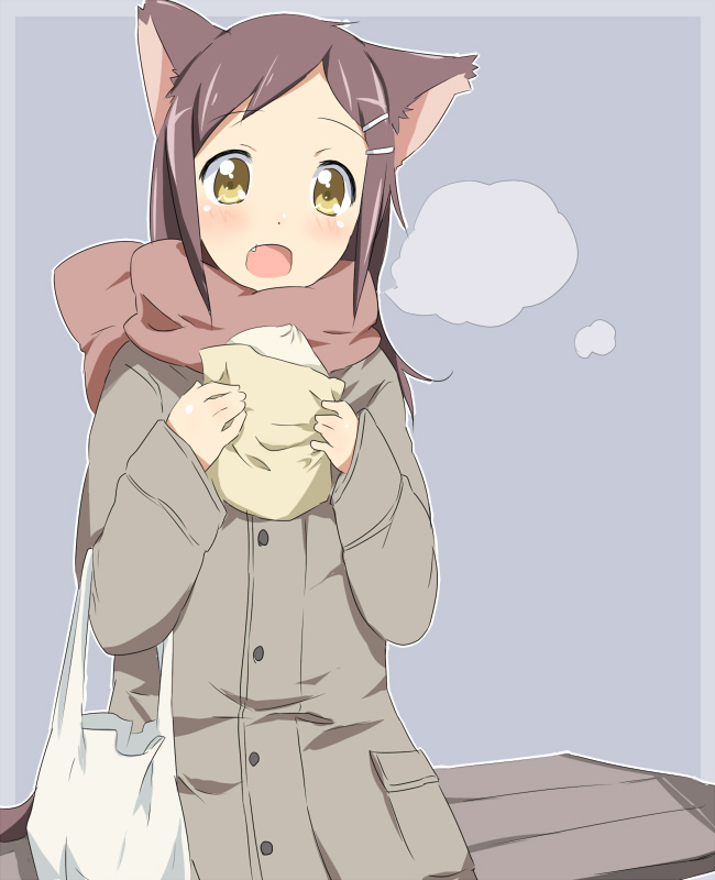 maruki (punchiki), bad id, bad pixiv id, animal ears, brown hair, cat ears, coat, food, long hair, scarf, solo, yellow eyes