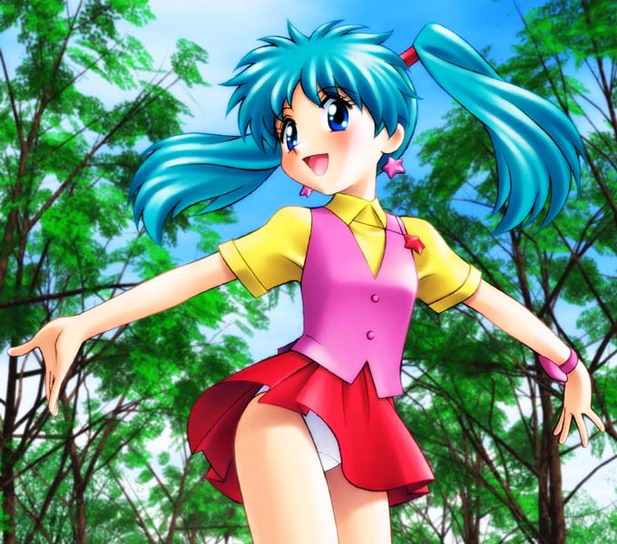 mint (sweet mint), mahou no angel sweet mint, 1990s (style), 1girl, blue eyes, blue hair, earrings, female focus, from below, jewelry, long hair, matching hair/eyes, panties, pantyshot, retro artstyle, solo, star (symbol), star earrings, twintails, underwear