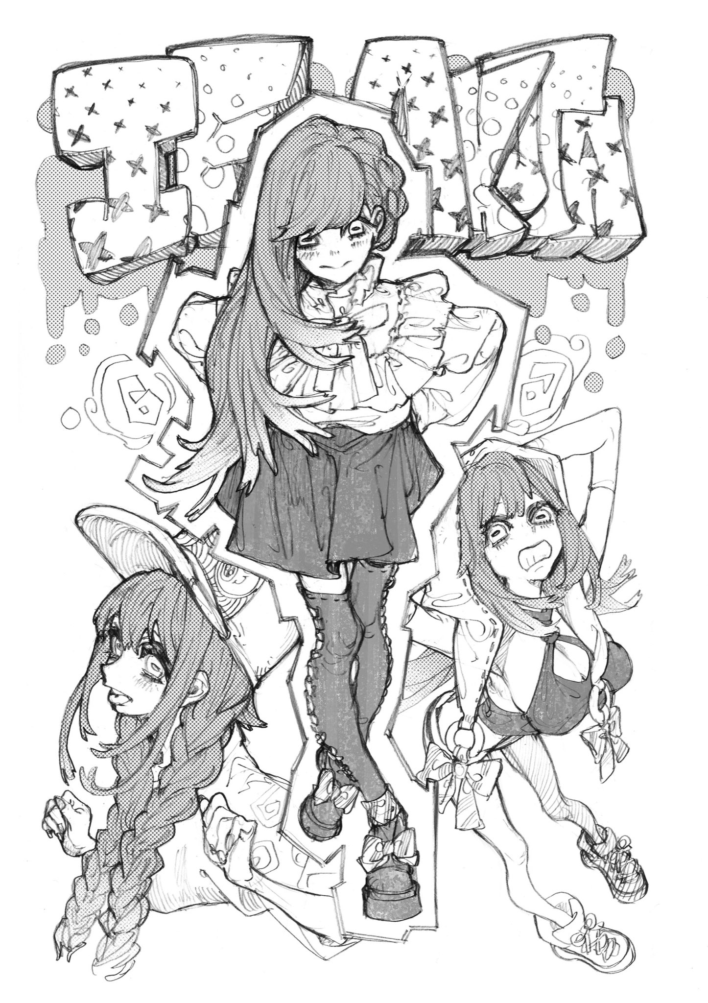 urana kei, amo empool, gachiakuta, highres, official art, 1girl, baseball cap, blouse, boots, bow, braid, breasts, cleavage, clenched teeth, closed mouth, footwear bow, greyscale, hands up, hat, hood, hood up, looking at viewer, low twin braids, monochrome, multiple views, shirt, shoes, shorts, sidelocks, skirt, smile, sneakers, teeth, thighhighs, twin braids