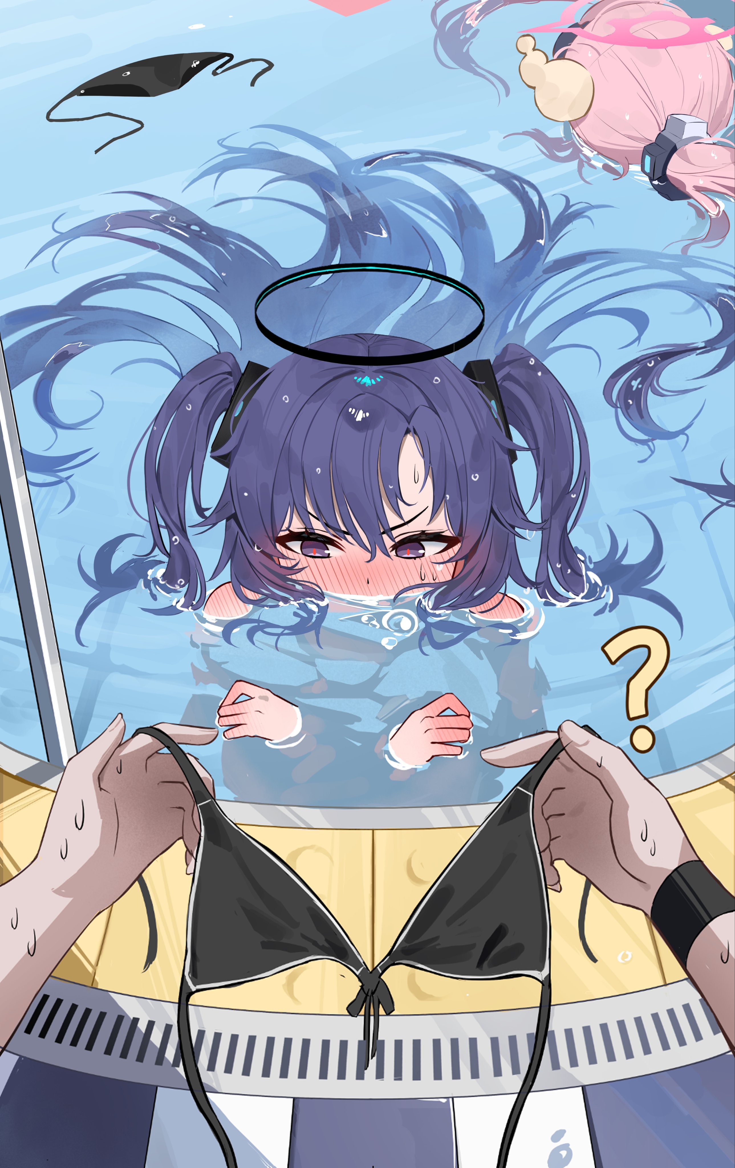 gonggo, koyuki (blue archive), yuuka (blue archive), blue archive, absurdres, highres, 2girls, ?, bikini, black bikini, black eyes, black hair, black halo, blush, halo, holding, holding swimsuit, holding unworn clothes, implied nudity, long hair, multiple girls, partially submerged, pool, pov, solo focus, swimsuit, two side up, unworn bikini bottom, unworn bikini top, unworn swimsuit, water