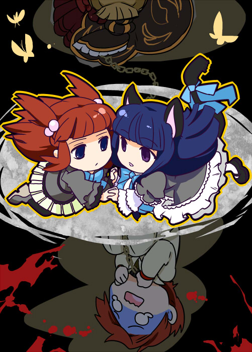 kamaboko red, beatrice (umineko), frederica bernkastel, ushiromiya ange, ushiromiya battler, umineko no naku koro ni, bad id, bad pixiv id, 00s, 1boy, 3girls, animal ears, blonde hair, blue eyes, blue hair, cat ears, cat tail, chain, chibi, dress, empty eyes, frills, hair bobbles, hair ornament, multiple girls, purple eyes, red hair, ribbon, serious, tail, tears, twintails