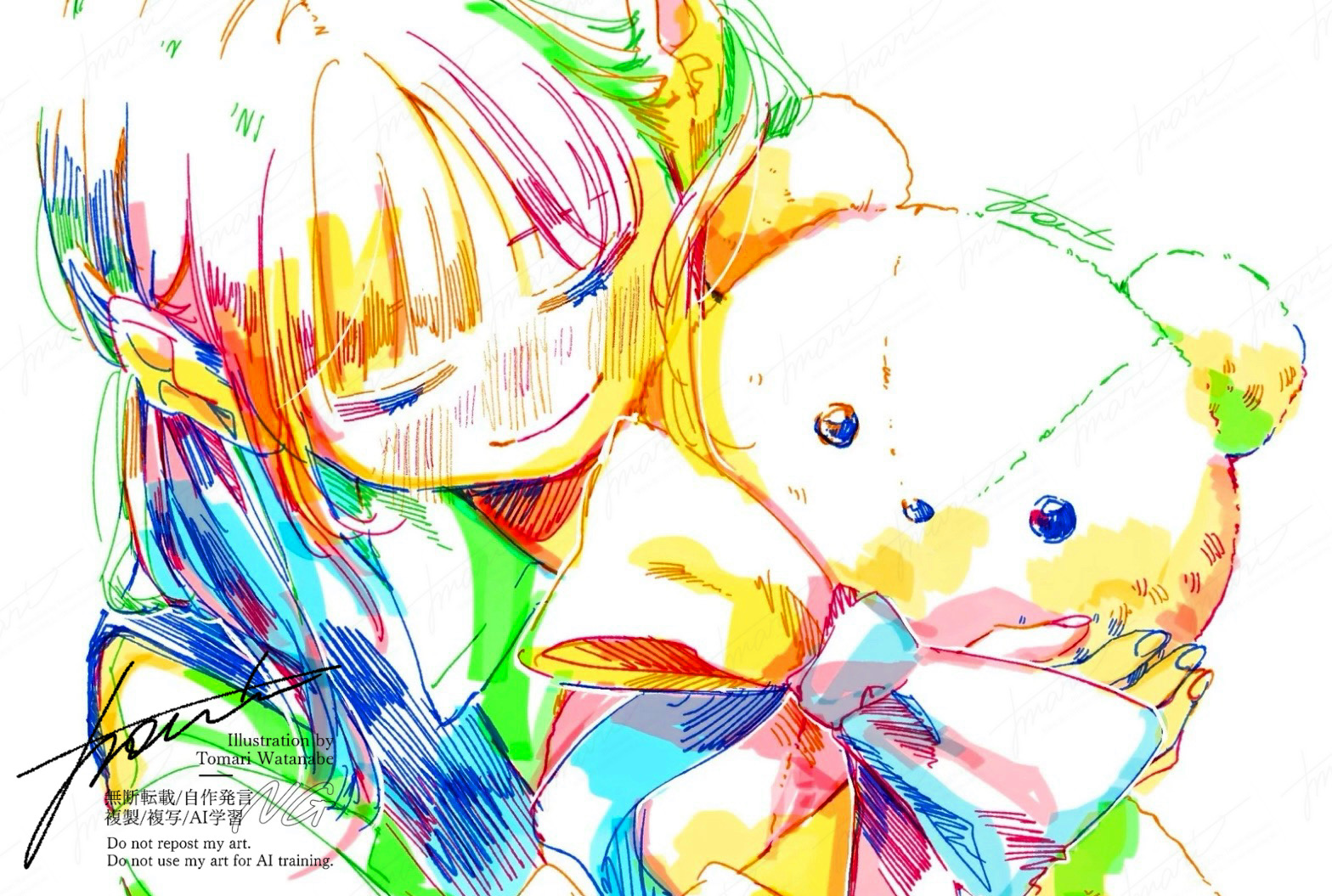 watanabe tomari, original, 1girl, artist name, blush, closed eyes, colorful, holding, holding stuffed toy, long hair, low twintails, signature, smile, solo, stuffed animal, stuffed toy, teddy bear, twintails, watermark