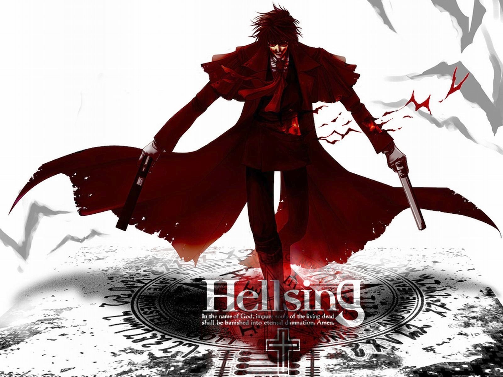 alucard (hellsing), hellsing, highres, 1boy, bat (animal), black hair, blood, blood on clothes, blood on face, boots, casull (hellsing), coat, dual wielding, formal clothes, gloves, grin, gun, handgun, holding, insignia, jackal (hellsing), male focus, necktie, overcoat, pistol, red coat, smile, solo, suit, sunglasses, torn clothes, vampire, weapon, white gloves