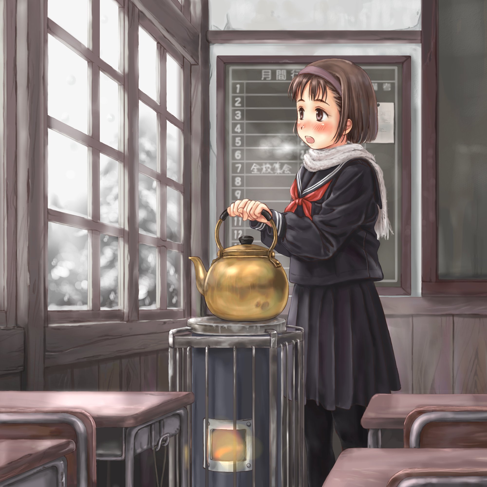 simon (kappa no kawanagare), kako-hime, real life, highres, 1girl, animification, blush, breath, brown hair, chalkboard, classroom, desk, female focus, hairband, kettle, open mouth, pantyhose, real life insert, scarf, school, school uniform, slice of life, snow, solo, stove, teapot, window, winter
