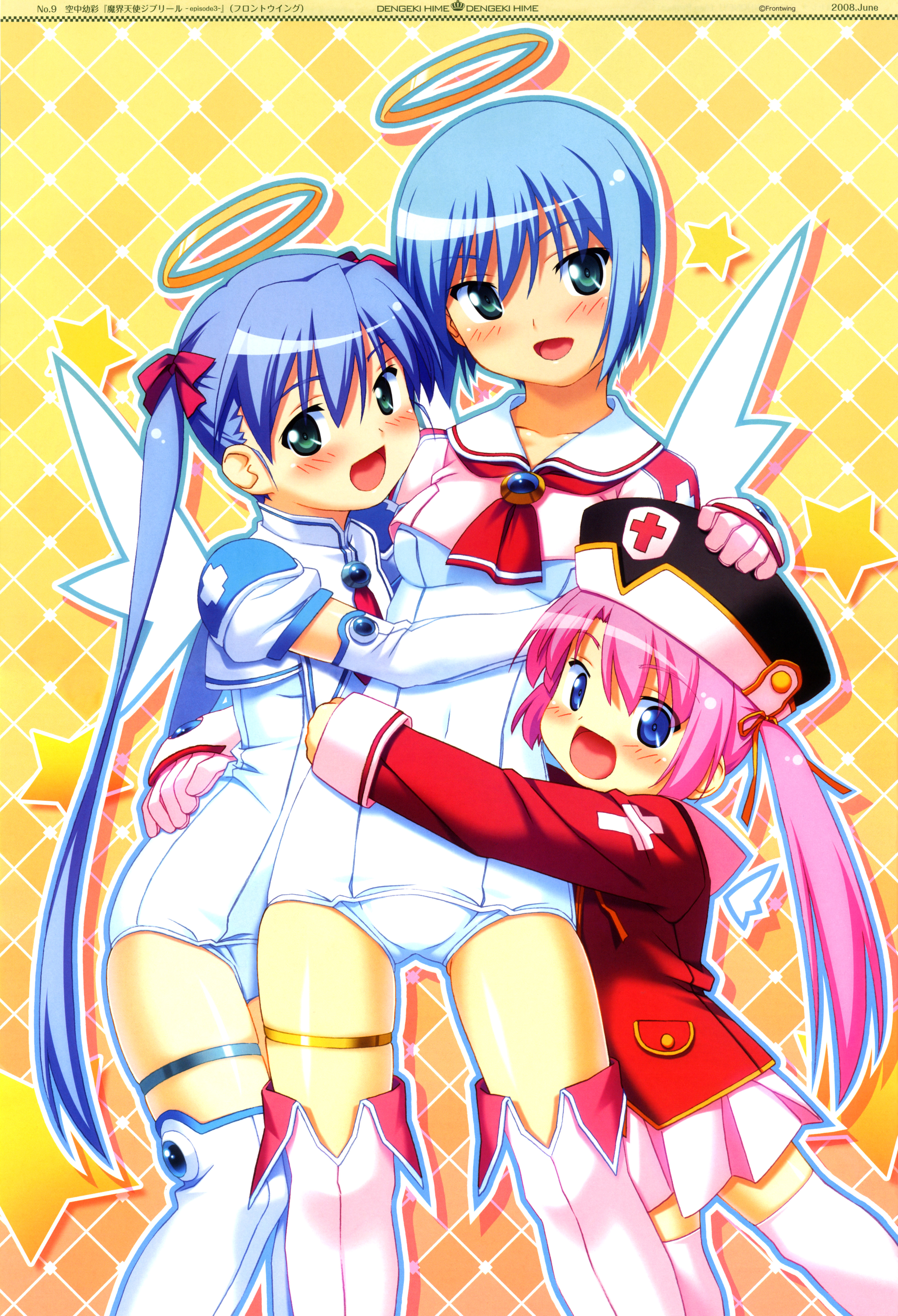 kuuchuu yousai, djibril (makai tenshi djibril), djibril aries, jinno hikari, luvriel, manabe rika, dengeki hime, makai tenshi djibril, makai tenshi djibril 3, hand on head, pink legwear, white legwear, absurdres, highres, official art, scan, 3girls, :d, age difference, angel, aqua eyes, blue eyes, blue hair, blush, bob cut, boots, bow, checkered background, crop top, cross, detached wings, elbow gloves, flat chest, gem, gloves, glowing, green eyes, hair bow, hair ribbon, halo, hat, hug, long hair, looking at viewer, looking back, magical girl, mini wings, multiple girls, necktie, one-piece swimsuit, open mouth, pink boots, pink hair, pink shrug, pleated skirt, ribbon, sailor collar, school swimsuit, shadow, short hair, shrug (clothing), skirt, smile, standing, star (symbol), swimsuit, swimsuit costume, swimsuit under clothes, thigh boots, thigh gap, thigh strap, thighhighs, thighs, turtleneck, twintails, very long hair, white gloves, white one-piece swimsuit, white school swimsuit, wings, zettai ryouiki