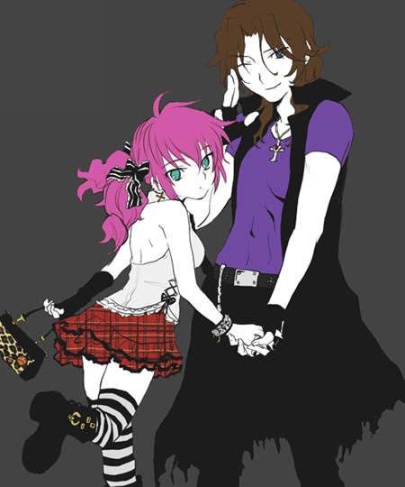 plum (arch), feldt grace, lockon stratos, gundam, gundam 00, plaid, 00s, 1boy, 1girl, bag, belt, blue eyes, boots, brown hair, coat, cross, fashion, hair ribbon, handbag, hetero, holding hands, one eye closed, pink hair, ribbon, skirt, striped clothes, striped thighhighs, thighhighs, trench coat, wink