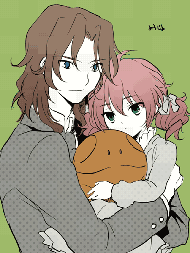 plum (arch), feldt grace, haro, lockon stratos, gundam, gundam 00, 00s, blue eyes, brown hair, casual, child, green eyes, hair ribbon, holding, pink hair, ribbon