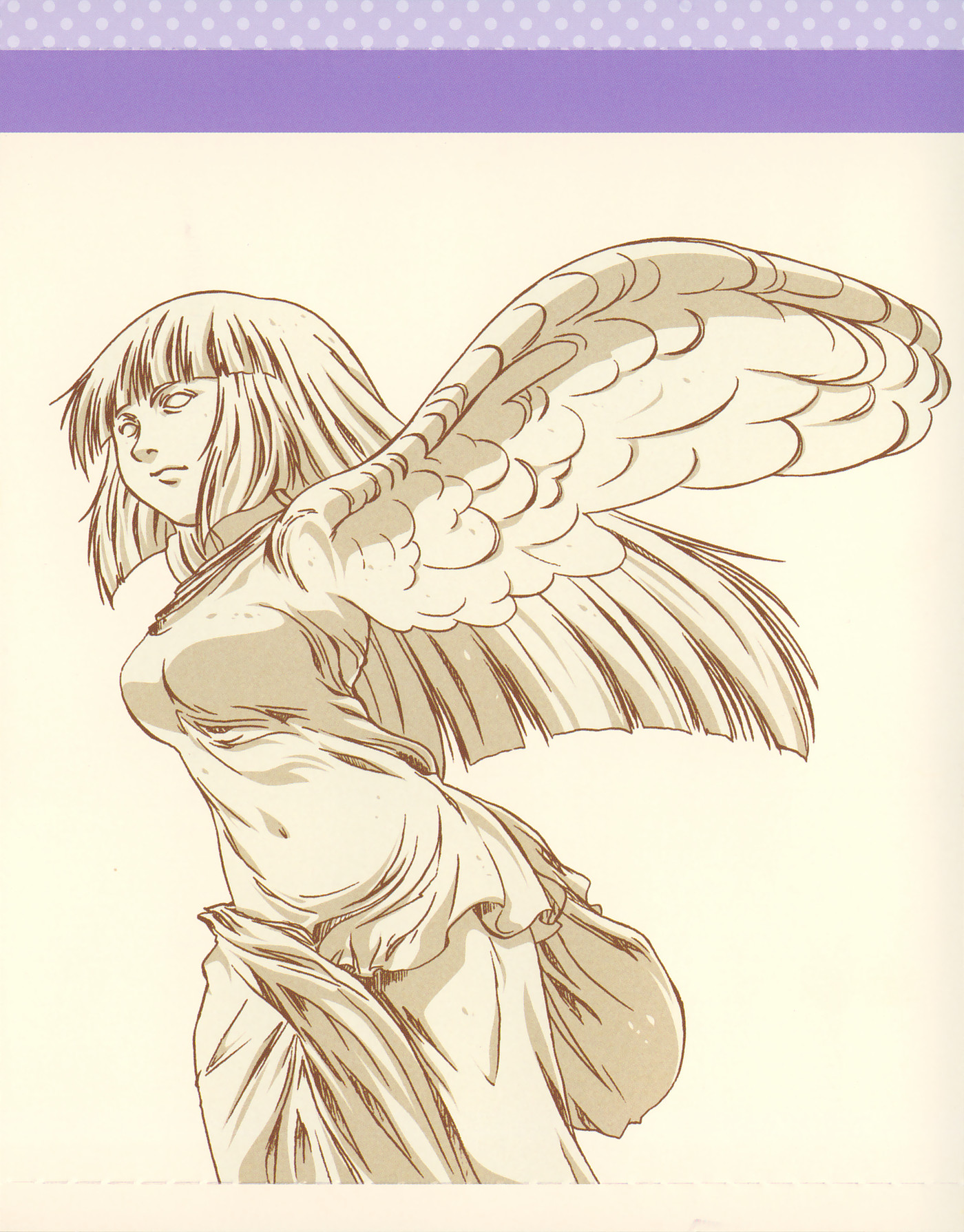 yoshinoya (hidamari sketch), hidamari sketch, highres, non-web source, official art, scan, 00s, 1girl, angel, brown theme, character single, female focus, long hair, monochrome, sculpture, sketch, solo, wings