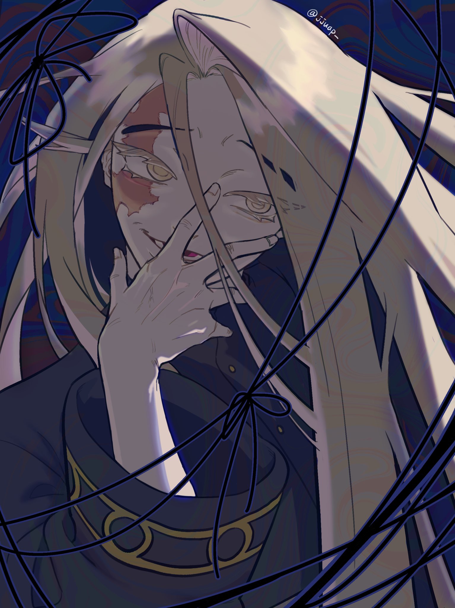 tamsy caines, gachiakuta, highres, 1boy, black jacket, blonde hair, blue background, blue theme, hand up, jacket, jjuap (kim jong), long sleeves, looking to the side, male focus, open mouth, scar, scar across eye, scar on face, simple background, smile, solo, yellow eyes