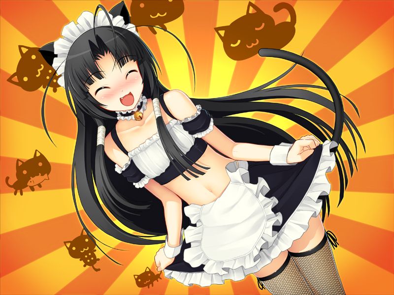 tsuji santa, oki kiki, nitroplus, sumaga, jpeg artifacts, 1girl, :3, ahoge, animal ears, apron, arm garter, bell, blunt bangs, blush, cat ears, cat tail, closed eyes, fang, female focus, fishnet thighhighs, fishnets, flat chest, loli, maid, maid apron, midriff, solo, sunburst, tail, thighhighs, wrist cuffs, zettai ryouiki