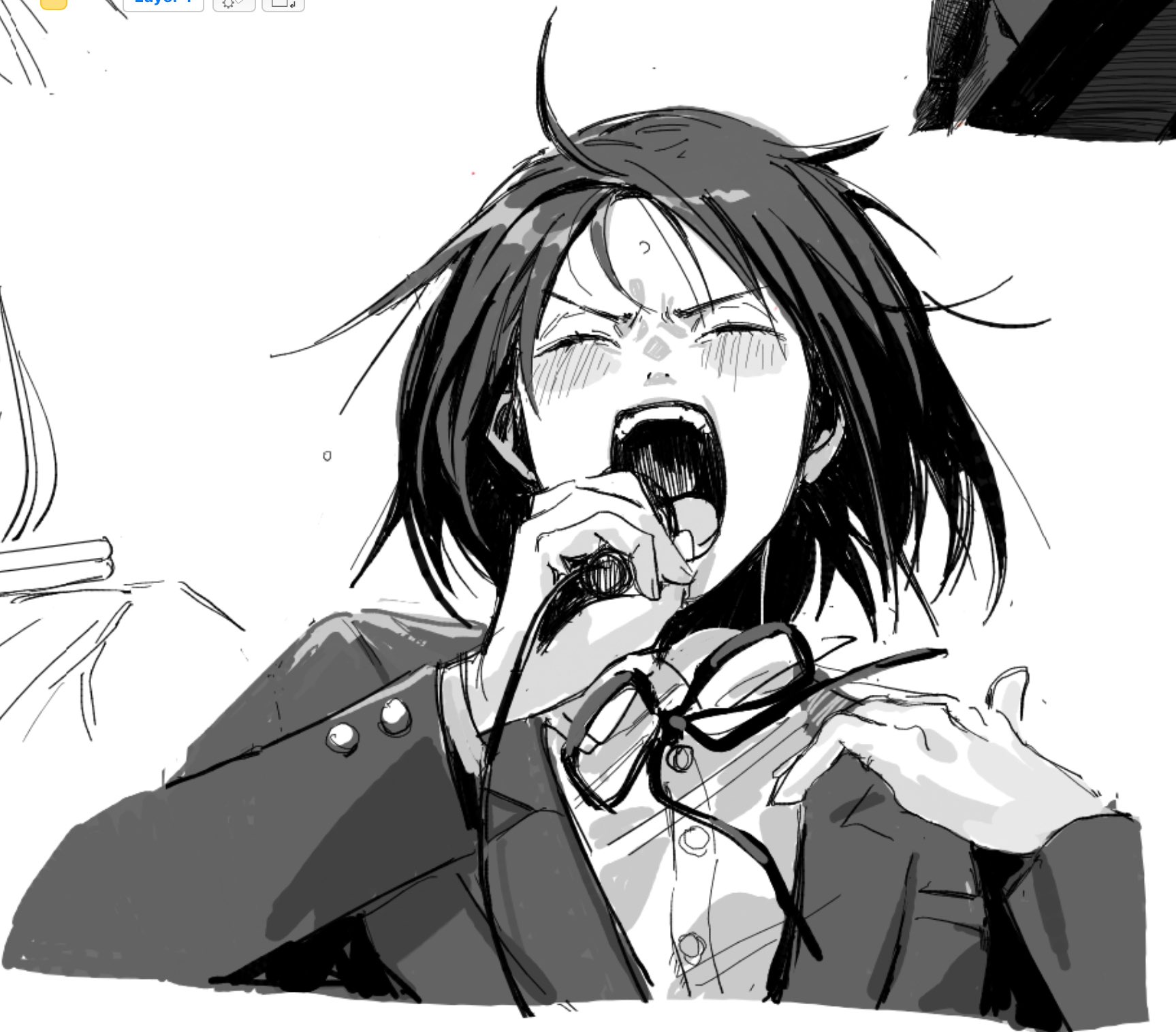 hatono chihiro, futsuu no keion-bu, commentary request, highres, 1girl, :o, ahoge, blazer, blush, cable, closed eyes, collared shirt, dress shirt, furutoride, greyscale, hands up, holding, holding microphone, jacket, long sleeves, microphone, monochrome, neck ribbon, open mouth, ribbon, school uniform, shirt, short hair, simple background, solo, teeth, upper body, v-shaped eyebrows, white background