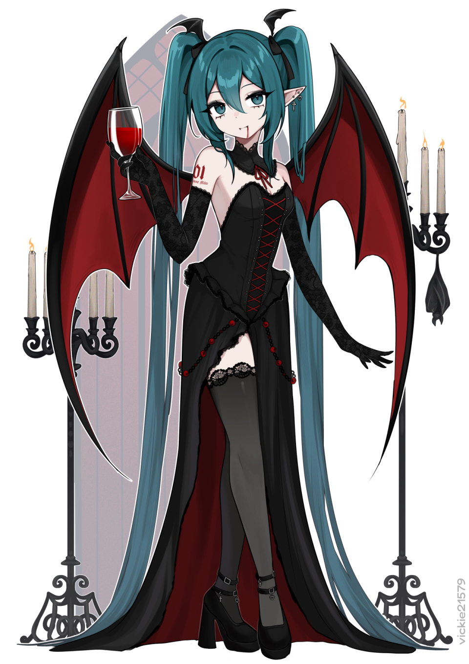 vickie (cryingrobot), hatsune miku, vocaloid, commentary, highres, 1girl, alternate costume, aqua eyes, aqua hair, bare shoulders, bat wings, black dress, black gloves, black shoes, black thighhighs, blood, blood from mouth, candle, candlestand, closed mouth, cup, detached collar, dress, drinking glass, earrings, elbow gloves, fangs, fangs out, gloves, high heels, holding, holding cup, jewelry, lace, lace-trimmed thighhighs, lace gloves, lace trim, long hair, pointy ears, shoes, solo, strapless, strapless dress, thighhighs, twintails, vampire, very long hair, wine glass, wings